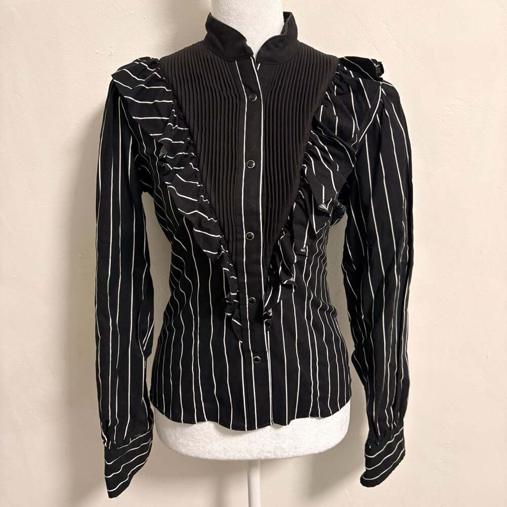 Vintage 80s Victorian Black Pinstripe Ruffle Pleated Blouse Steampunk Gothic S